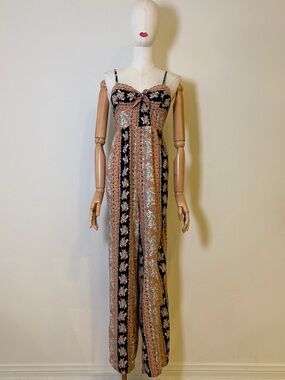 No Comment Boho Floral Print Jumpsuit Wide Leg Large NWOT